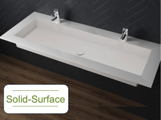 Plan vasque à encastrer, bassin double 90 cm, sur mesure, Largeur 100 à 200 cm x Profondeur 40 à 60 cm, résine minérale ACRYSTONE®, Finition lisse, Livraison Offerte et Rapide.